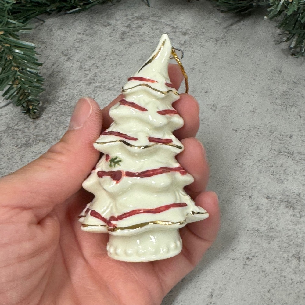 Ceramic Christmas Tree Ornament White with Red Swags and Gold Trim